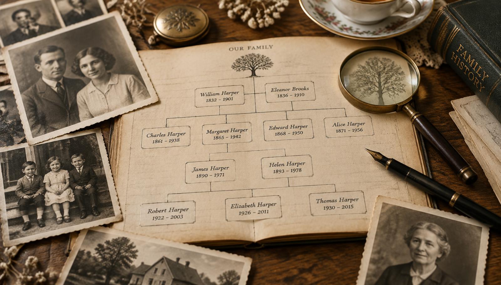 Ręcznie pisane drzewo genealogiczne na starym papierze wśród czarno-białych portretów rodzinnych
