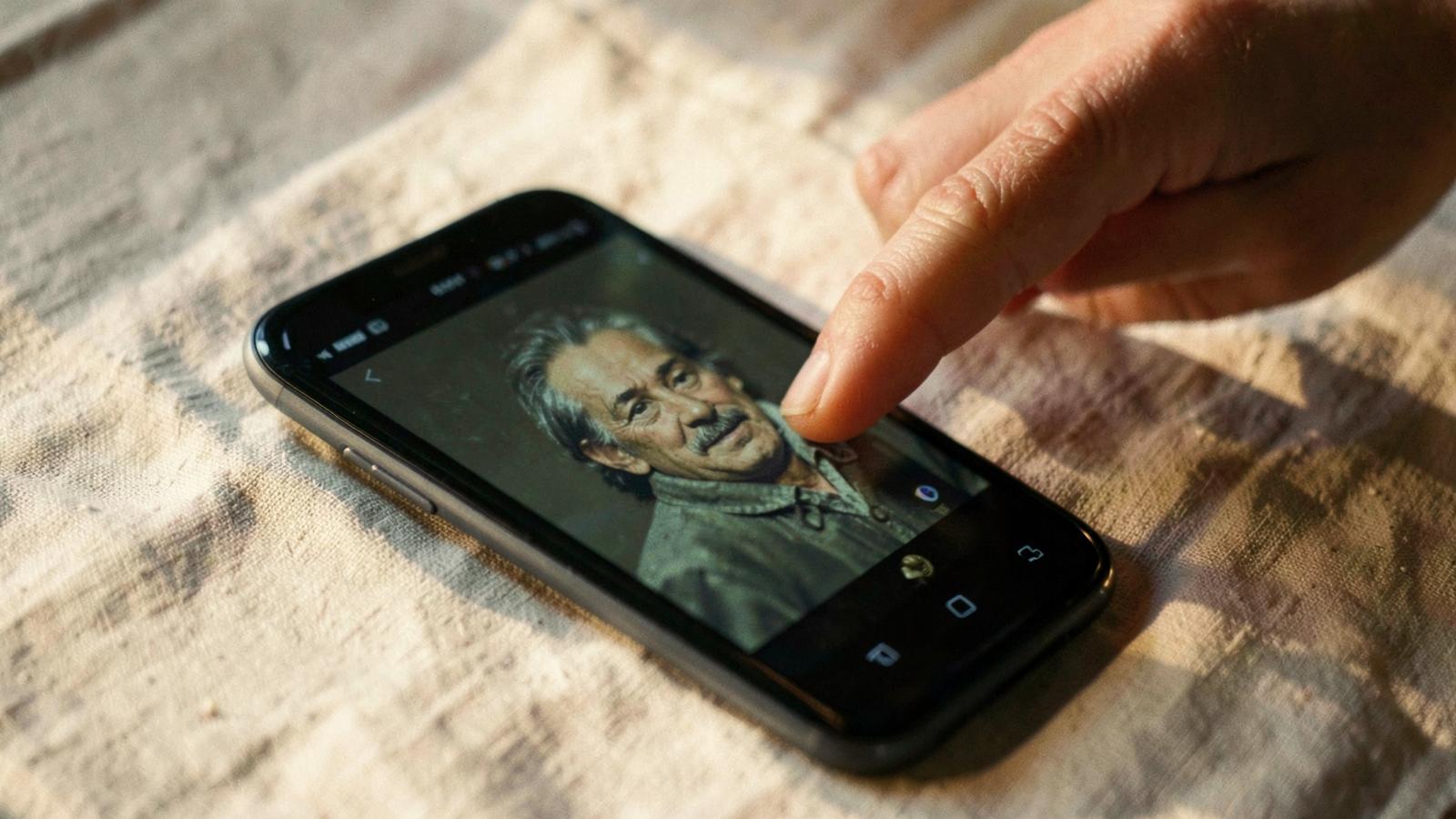 Telefon na lnianej tkaninie z zatrzymanym filmem ze starego portretu