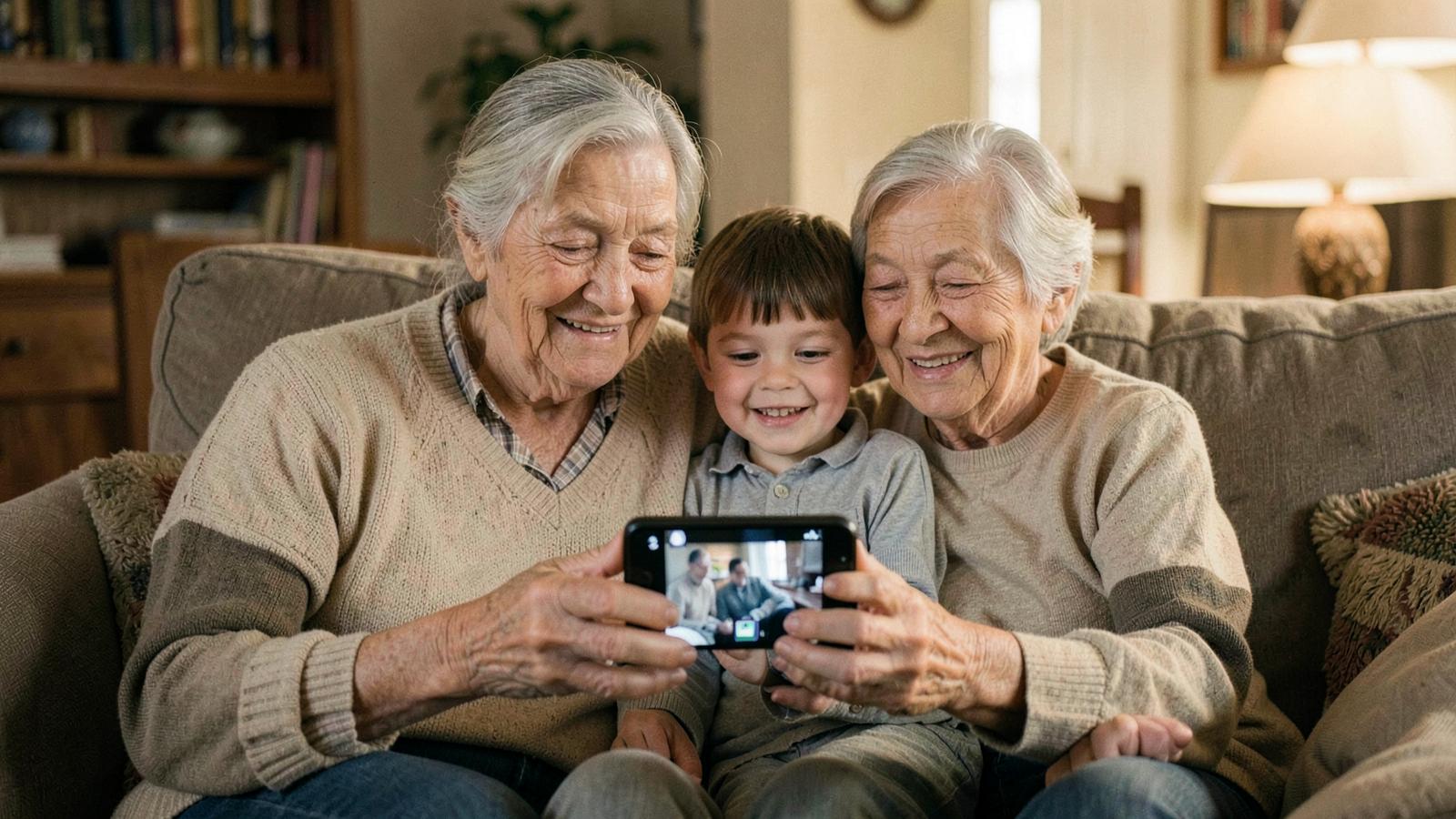 Babcia i wnuk oglądają na telefonie krótki film ze starego zdjęcia
